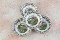 Four antique porcelain bowls on concrete Royalty Free Stock Photo