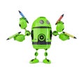 Four-armed 3d robot with pencils. Multitasking concept. Isolated. Contains clipping path