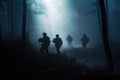 Four Army Soldiers Silhouettes in Action in Forest