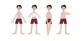 Four Asian boys in swimsuits. Calm standing poses: thumbs up, piece of paper in hands. Pale skin and dark hair. Vector