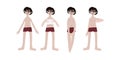 Four Asian boys in swimsuits. Calm standing poses: thumbs up, piece of paper in hands. Pale skin and dark hair. Vector