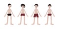 Four Asian boys in swimsuits. Children. Kids. Diversity. Pale skin and dark hair. Vector illustration in flat style