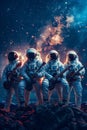 Four astronauts with guitars are standing in front of bright star background. Generative AI