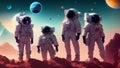 Four astronauts on Mars, sky background and planets in the universe