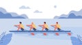 Four athletes swim on a boat.