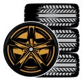 Four automobile rubber tires with bronze disc. Vector illustration. Template for design