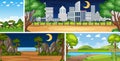 Four background different nature scenes with green trees in different times Royalty Free Stock Photo