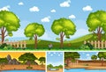 Four background different nature scenes with green trees in different times Royalty Free Stock Photo