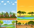 Four background different nature scenes with green trees in different times Royalty Free Stock Photo