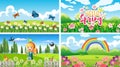 Four background scenes with children and animals in the park