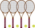 four Badminton Racket rackets bats and balls. on white background Royalty Free Stock Photo