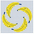 four bananas on a background of blue dots. pattern
