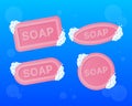 Four Bar of soap with foam in flat style isolated on blue background. Vector illustration.