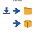 Four basic icons are displayed: a blue download arrow pointing downwards, a blue Royalty Free Stock Photo