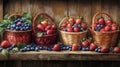 Four Baskets of Fresh Berries on Wooden Shelf Royalty Free Stock Photo