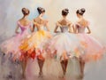 Four beautiful ballerinas, back view. Young women dancing. Colorful printable digital oil painting in pink tones, modern