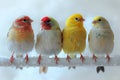 Four beautiful canaries perched on one horizontal bar, each in different colors of yellow and white as well as reds and green