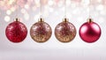 Four beautiful Christmas balls hanging on golden threads against blurred lights background Royalty Free Stock Photo