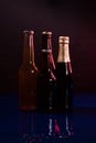 Four beer bottles on a black and purple background with reflections on a shiny blue surface Royalty Free Stock Photo