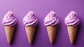 Four berry ice creams in cone isolated on lilac background, sweet banner, Generative AI