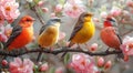 Four birds roosting on a branch among pinkflowered tree