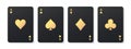 Four black aces playing card suits set. Golden hearts, spades, diamonds, clubs cards sign. A winning poker hand. Casino gambling Royalty Free Stock Photo