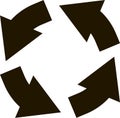 Four black arrows rotating in a circular motion, representing a continuous cycle or process, embodying the concepts of