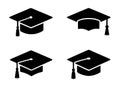 Icon for education, 4 graduation cap illustrations, black, transparent background Royalty Free Stock Photo