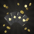 Four black poker cards with gold label and falling golden coin on background. Quads or four of a kind by ace. Casino banner or