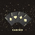 Four black poker cards with gold label. Quads or four of a kind by ace. Casino banner or poster in royal style. Vector