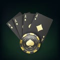 Four black poker cards with gold suit and casino chip. Quads and gambling chip. Casino banner or poster in royal style. Vector