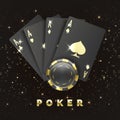 Four black poker cards with gold suit and casino chip. Quads or four of a kind by ace and gambling chip. Casino banner or poster