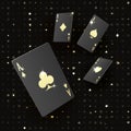 Four black poker cards with gold suit. Quads or four of a kind by ace. Casino banner or poster in royal style. Vector