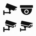 Four black security camera icons in different styles, including dome and bullet shapes, on white background Royalty Free Stock Photo