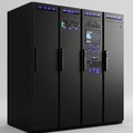 Four black server racks, featuring multiple control panels with blue Royalty Free Stock Photo