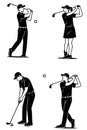 4 illustrations of people playing golf, black, transparent background Royalty Free Stock Photo