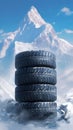 Four black tires against a winter mountain backdrop scene