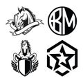 Four black and white emblems featuring horses and geometric symbols shield Royalty Free Stock Photo