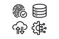 Four Black and White Icons for Security, Data, Cloud and Technology fingerprint scan Royalty Free Stock Photo