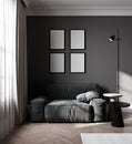 Four blank poster frames mock up in luxury dark living room interior with gray sofa, modern interior background, 3d illustration Royalty Free Stock Photo
