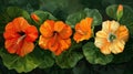 Four blooming flowers with buds resembling nasturtiums