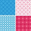 Four blue and red abstract geometric patterns and