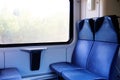 Four blue seats facing each other in modern European train