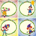 Four border templates with happy clowns and lights