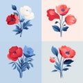 Romantic Poppy Vector Set On Blue And White Backgrounds