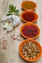 Four bowls with saffron, pepper, ras en hanout, fresh mint and Royalty Free Stock Photo