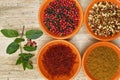 Four bowls with saffron, pepper, ras en hanout, fresh mint Royalty Free Stock Photo