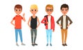 Four Boys Dressed in Trendy Clothes Standing Together, Group of Teenagers Characters Cartoon Style Vector Illustration