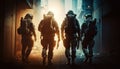 Four brave special forces soldiers in high tech military equipment moving down the street. Created with Generative AI technology