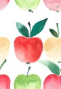 Four bright apples seamless pattern watercolor sketch